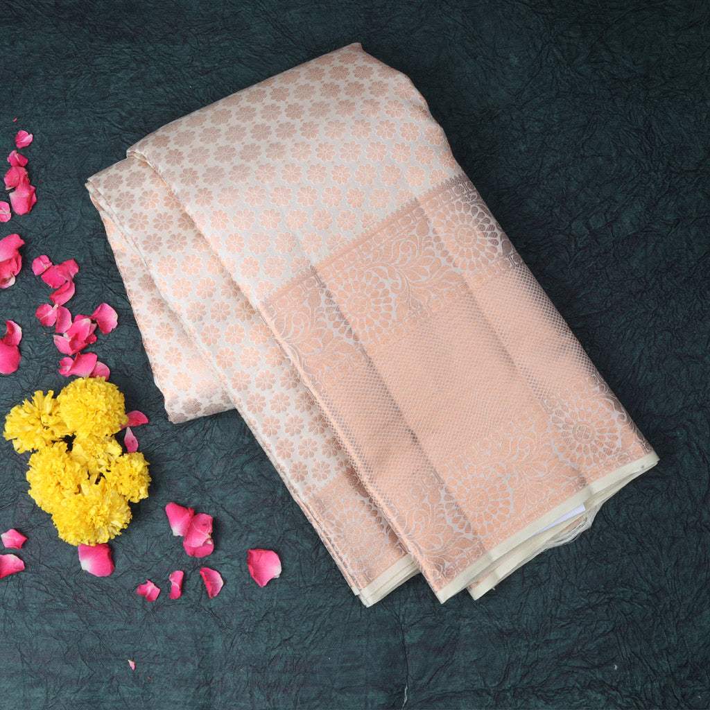 White Kanjivaram Silk Saree With Tiny Floral Buttis In Copper Zari - Singhania's
