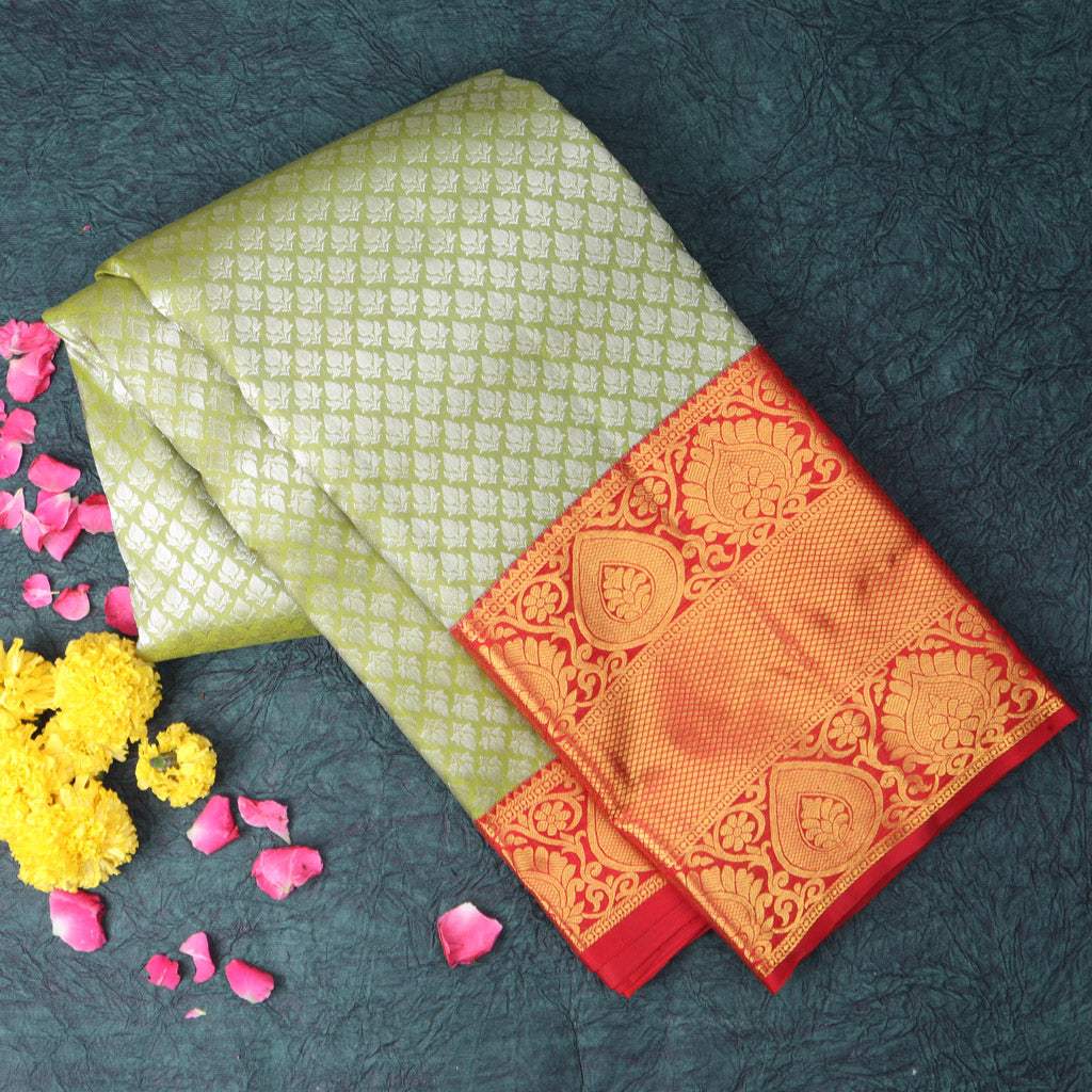 Pear Green Kanjivaram Silk Saree With Tiny Floral Buttis - Singhania's