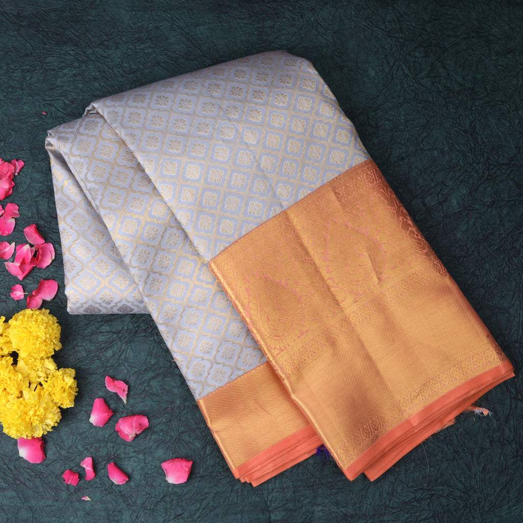Pastel Lilac Grey Kanjivaram Silk Saree With Floral Pattern - Singhania's