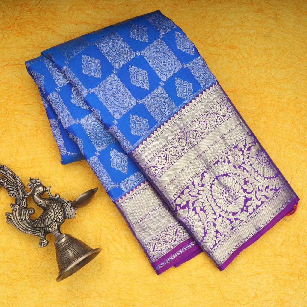 Azure Blue Kanjivaram Silk Saree With Floral Motif Pattern - Singhania's