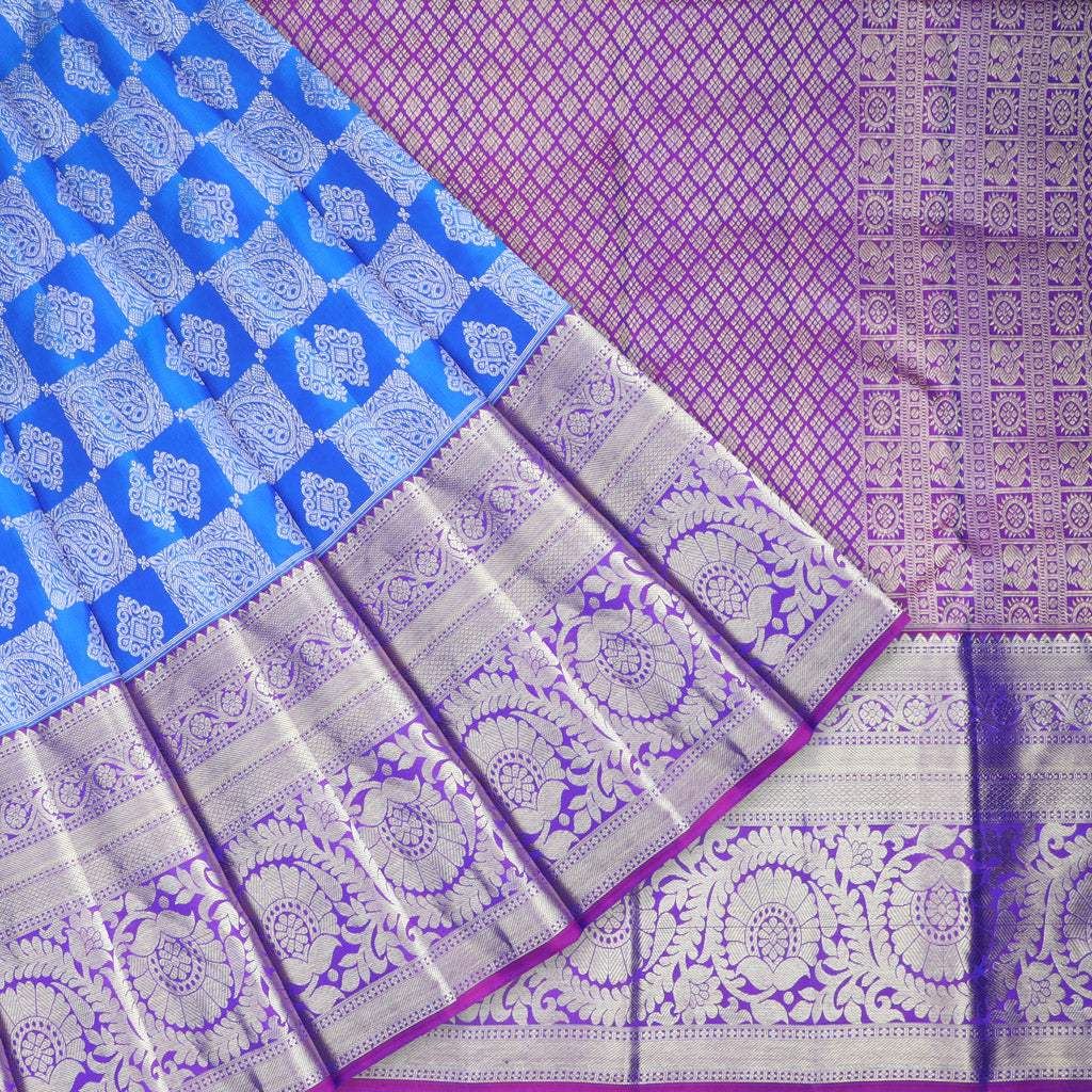 Azure Blue Kanjivaram Silk Saree With Floral Motif Pattern - Singhania's