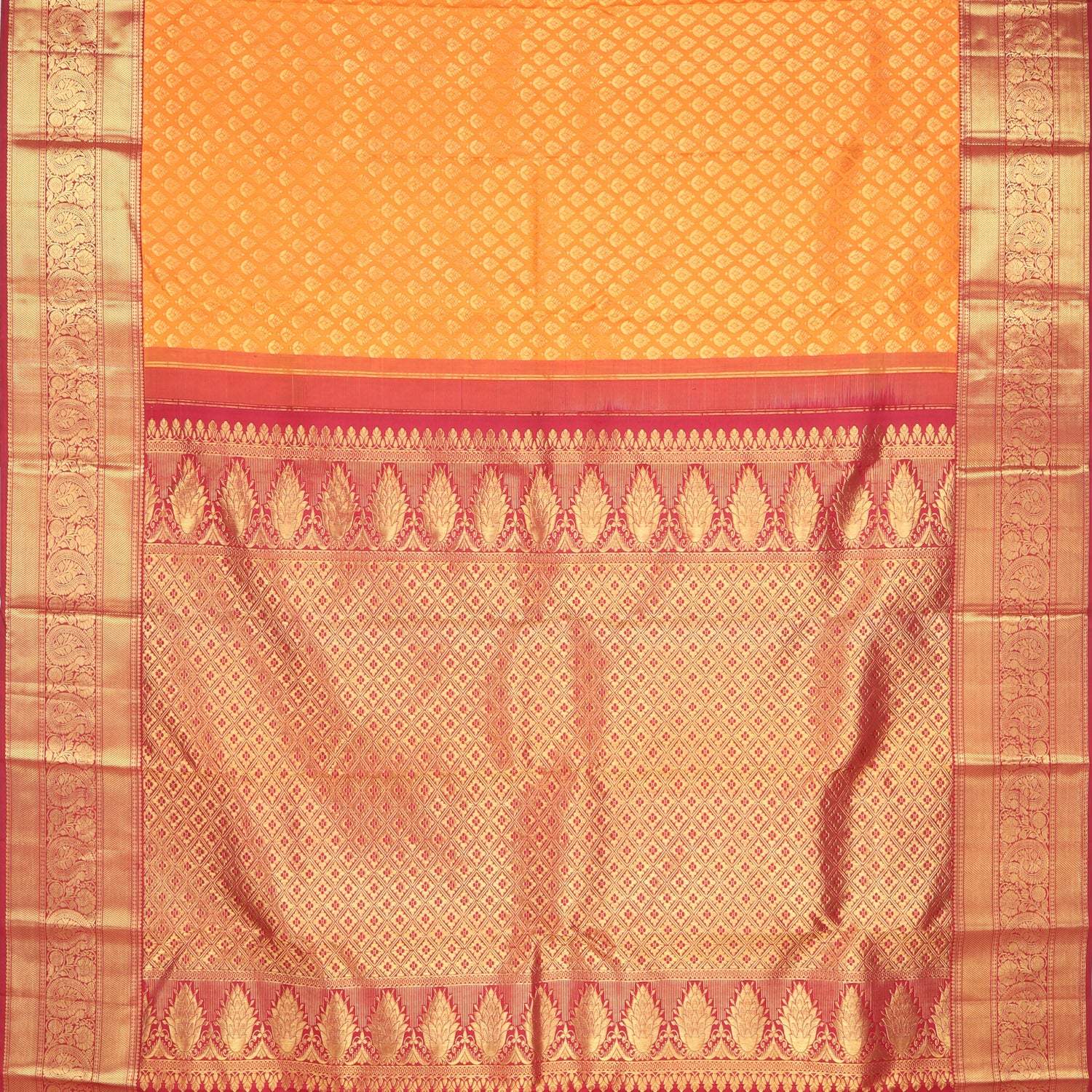 Vibrant Orange Kanjivaram Silk Saree With Floral Buttis - Singhania's