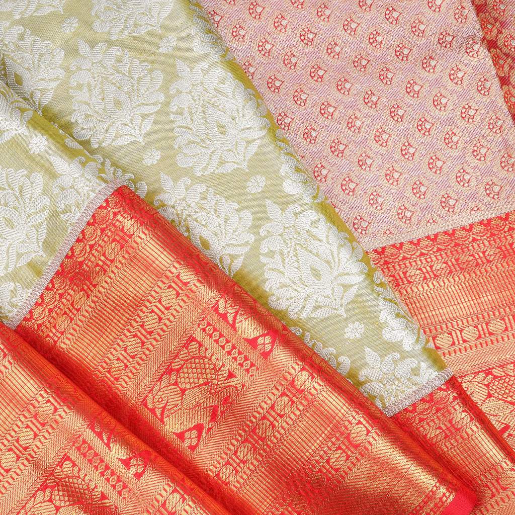 Sage Green Kanjivaram Tissue Saree With Floral Buttas - Singhania's