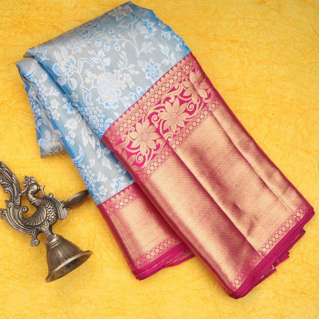 Blue Tissue Kanjivaram Silk Saree With Floral Motif Pattern - Singhania's
