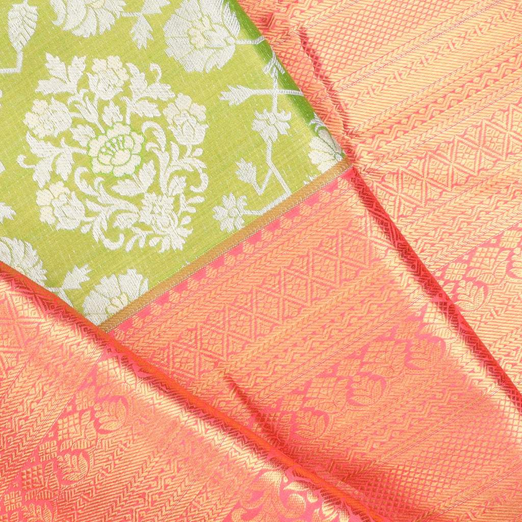 Olive Green Kanjivaram Silk Saree With Floral Motif Pattern - Singhania's