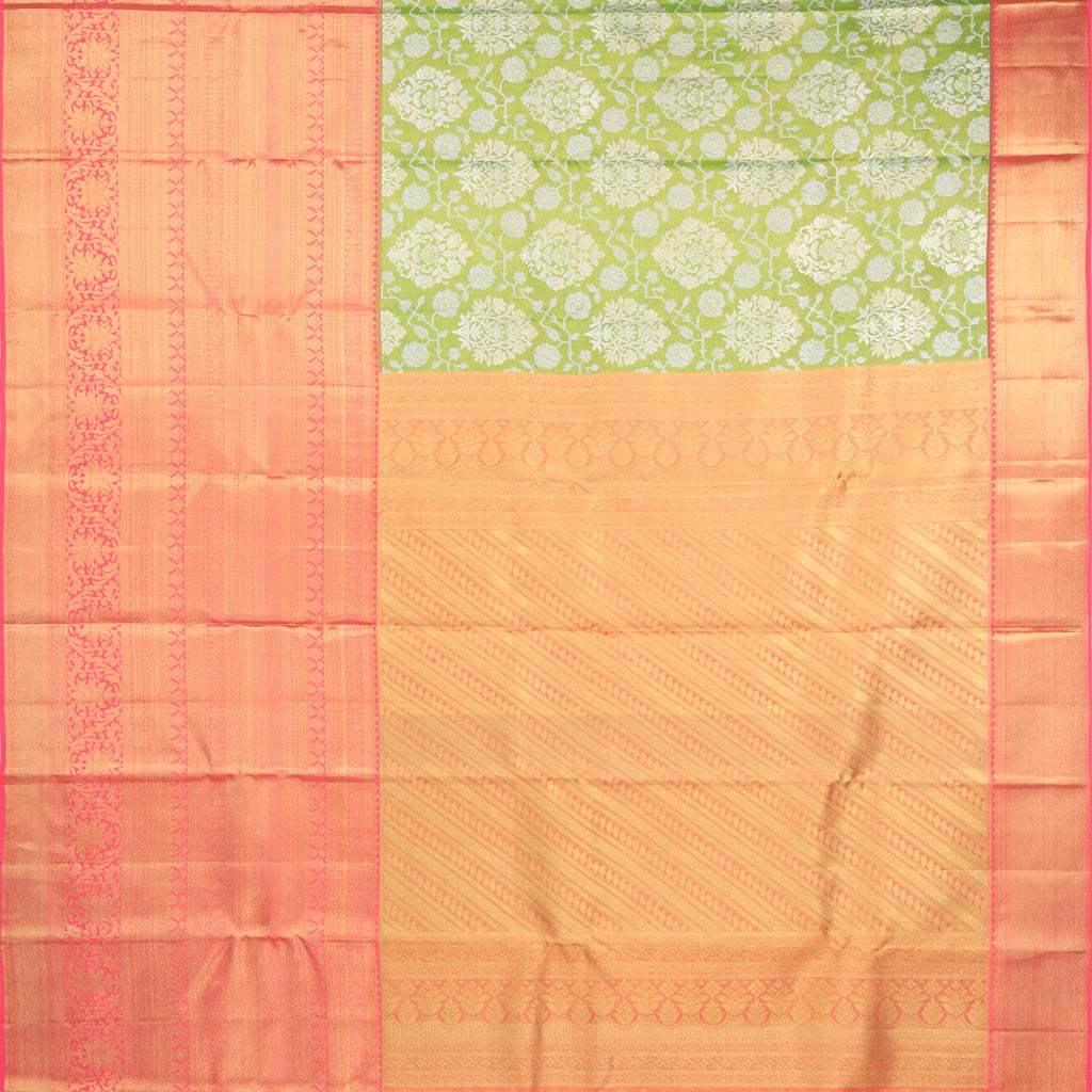 Olive Green Kanjivaram Silk Saree With Floral Motif Pattern - Singhania's