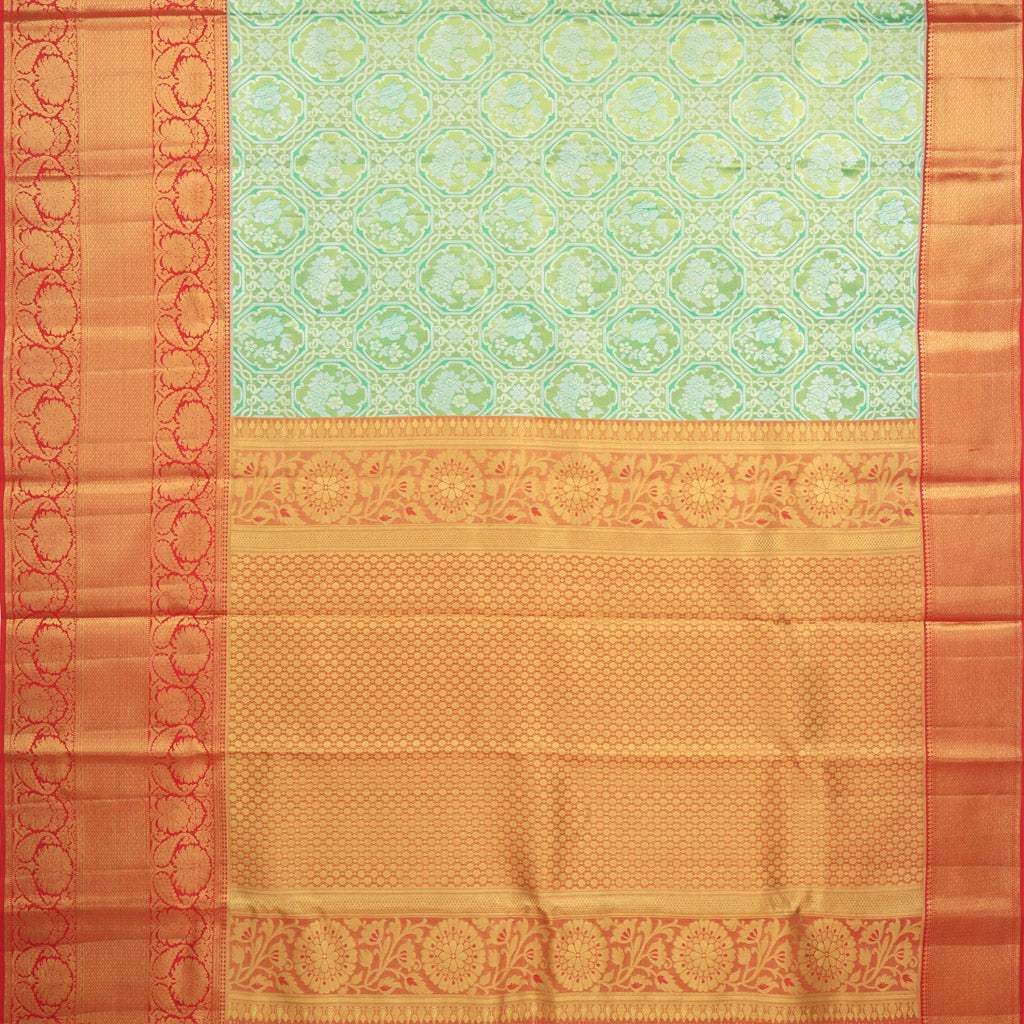 Turquoise Blue Kanjivaram Silk Saree With Floral Motif Pattern - Singhania's