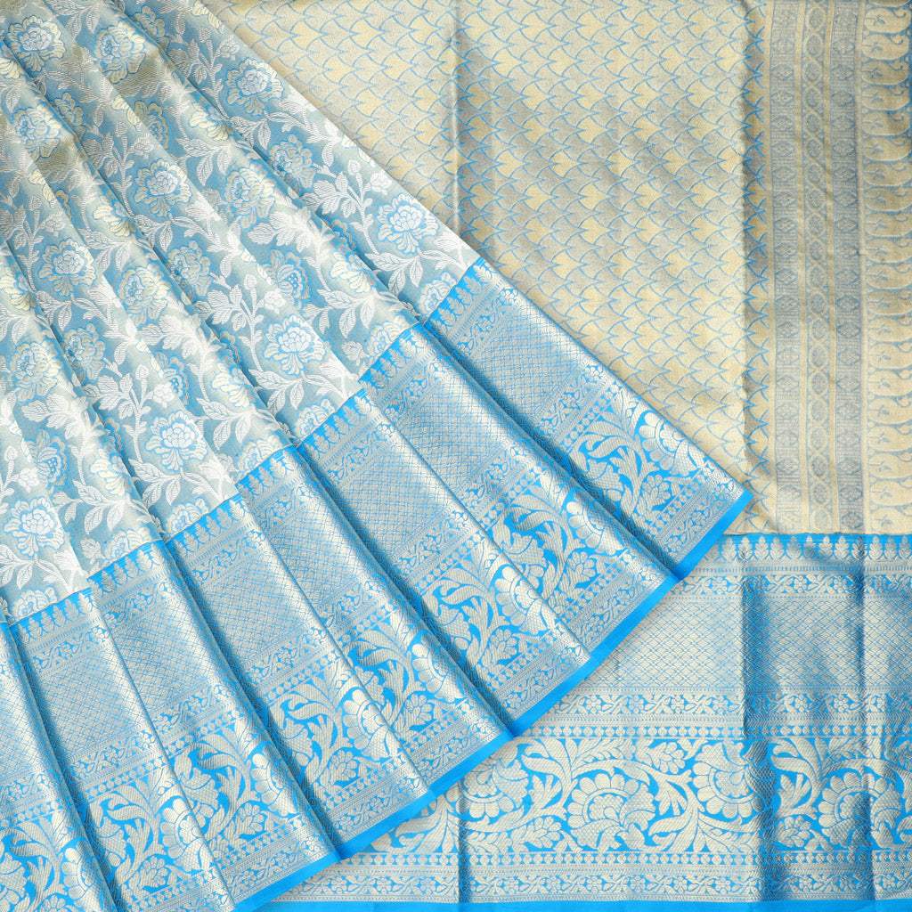 Pastel Blue Tissue Kanjivaram Silk Saree With Floral Pattern - Singhania's