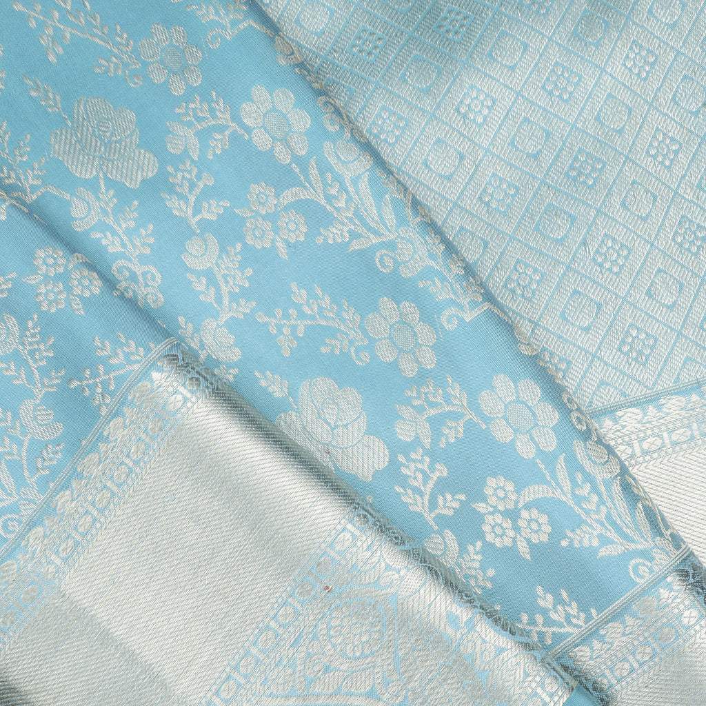 Pastel Blue Kanjivaram Silk Saree With Floral Motif Pattern - Singhania's