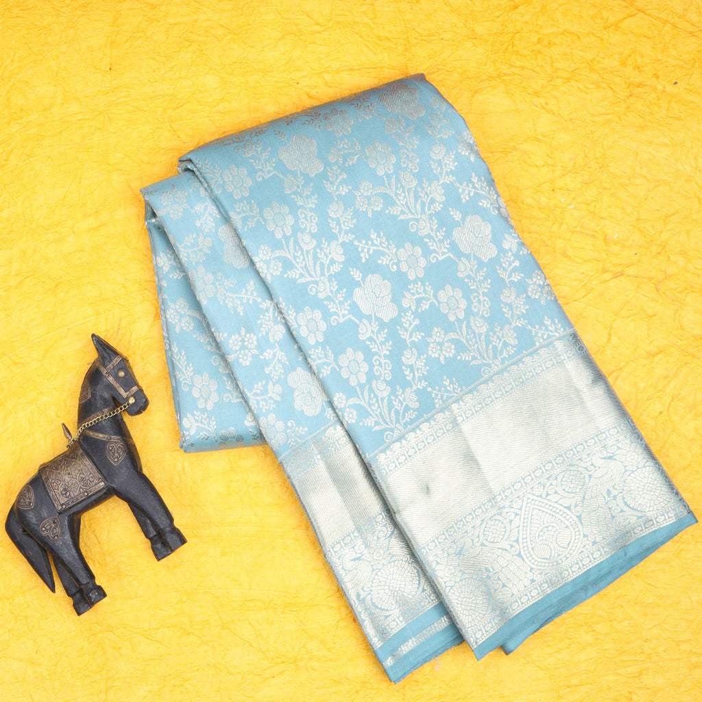 Pastel Blue Kanjivaram Silk Saree With Floral Motif Pattern - Singhania's