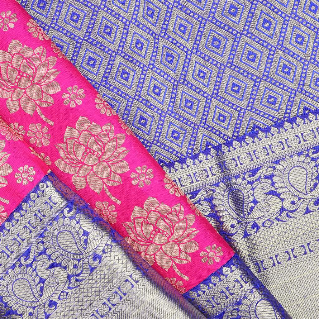 Vibrant Pink Kanjivaram Silk Saree With Floral Motif Pattern - Singhania's