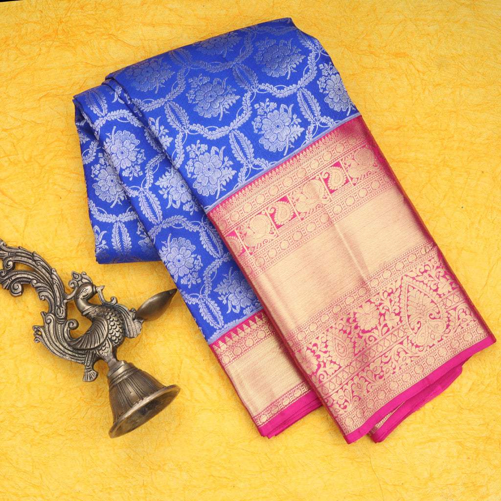 Ultra Blue Kanjivaram Silk Saree With Floral Motif Pattern - Singhania's