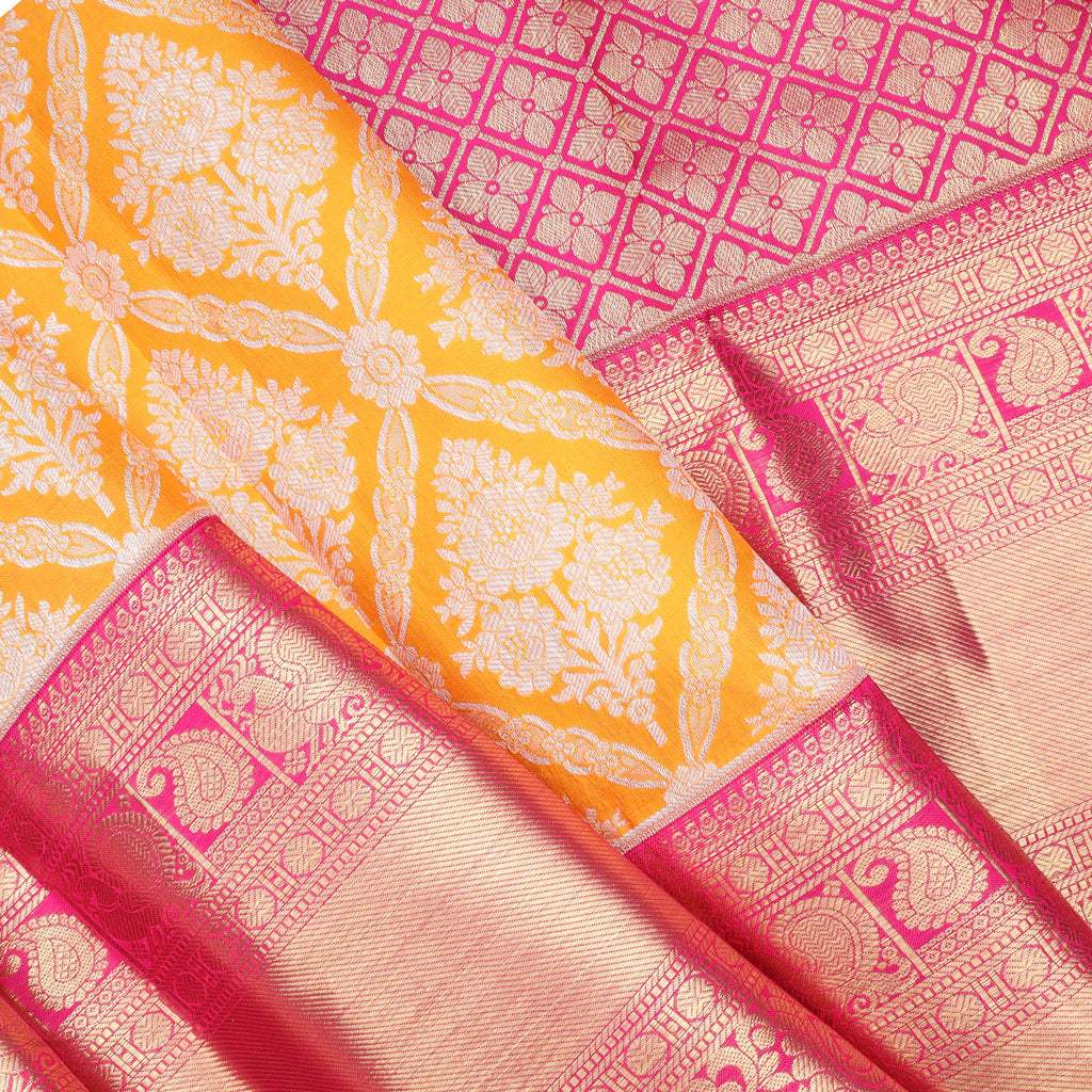 Mango Yellow Kanjivaram Silk Saree With Jaal Design - Singhania's