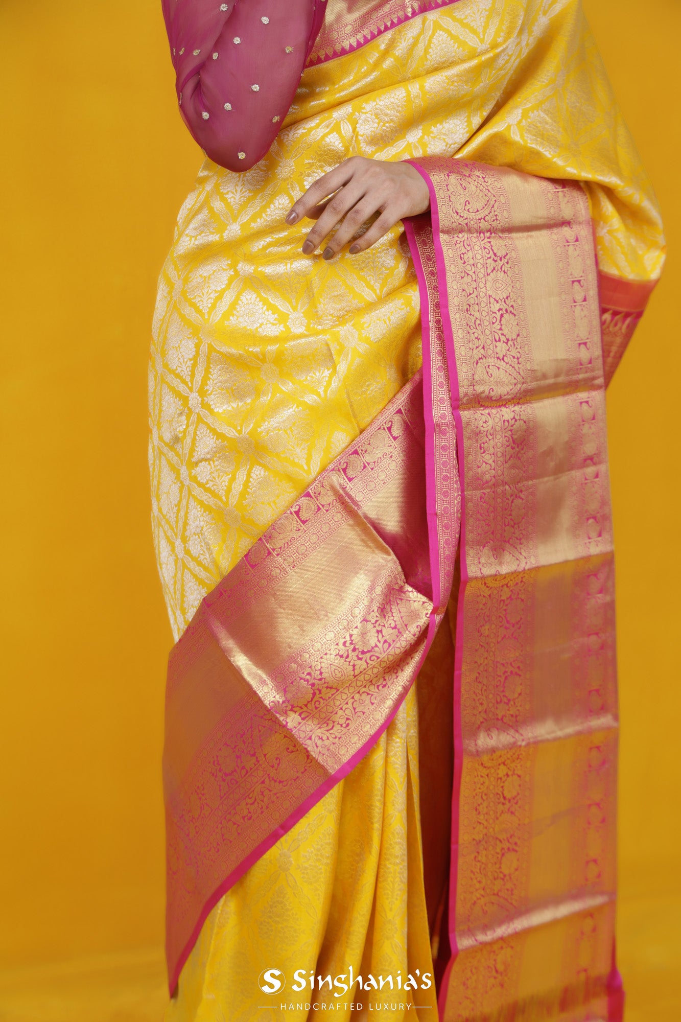 Bright Yellow Kanjivaram Silk Saree With Floral Jaal Weaving