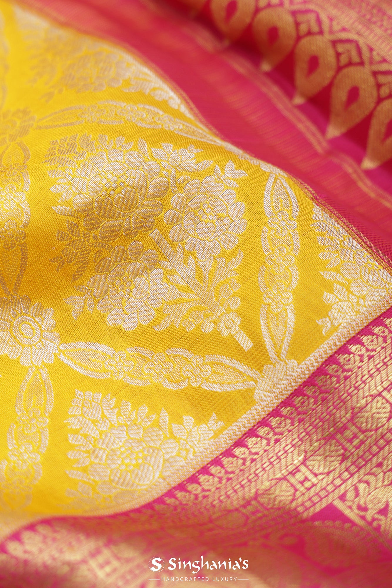 Bright Yellow Kanjivaram Silk Saree With Floral Jaal Weaving