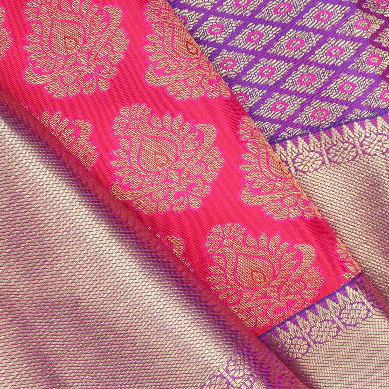 Bright Pink Kanjivaram Silk Saree With Floral Buttas - Singhania's