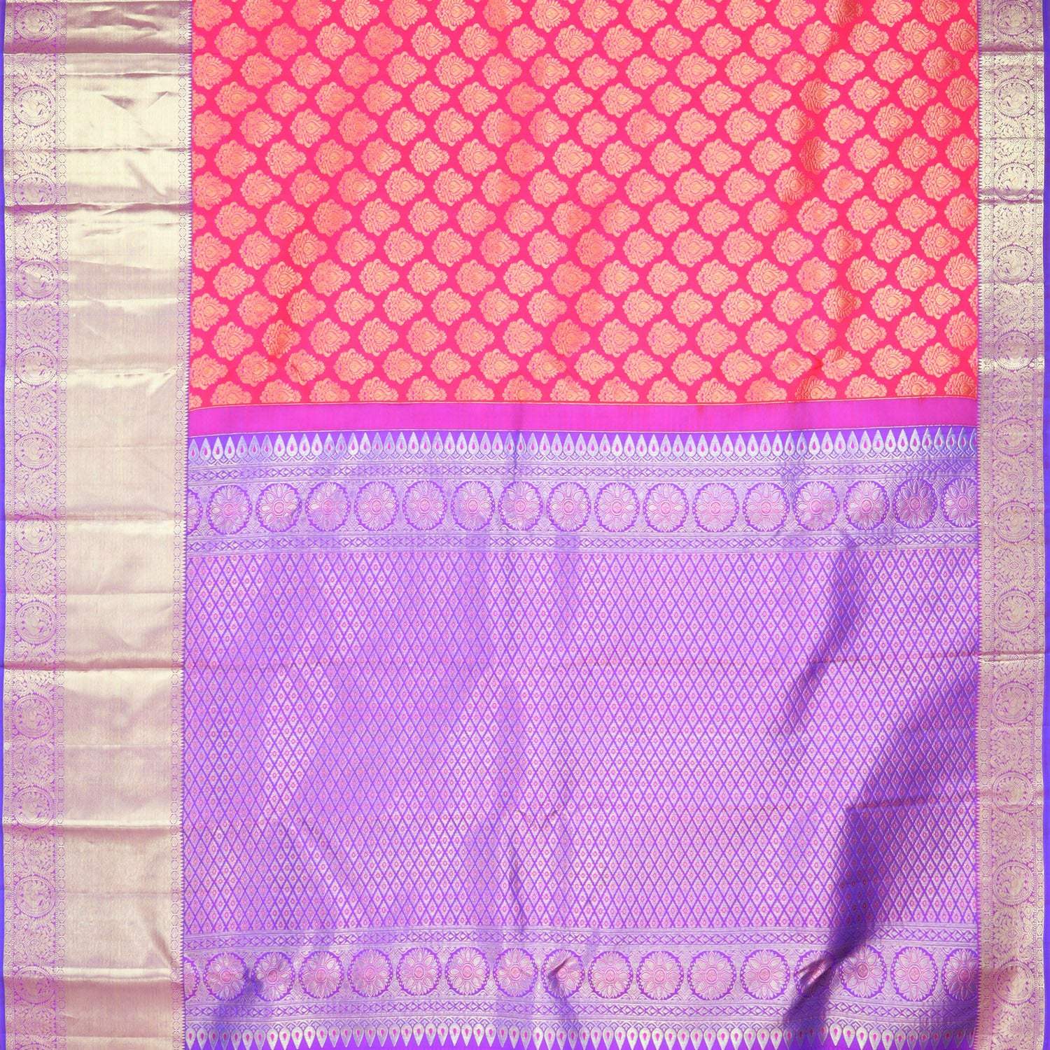 Bright Pink Kanjivaram Silk Saree With Floral Buttas - Singhania's