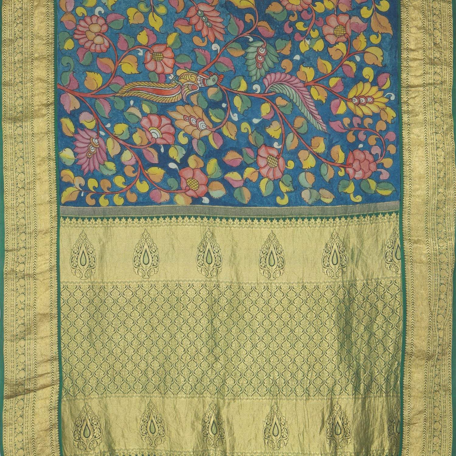 Earthy Blue Korvai Kanjivaram Handloom Silk Saree With Hand Painted Kalamkari Pattern - Singhania's