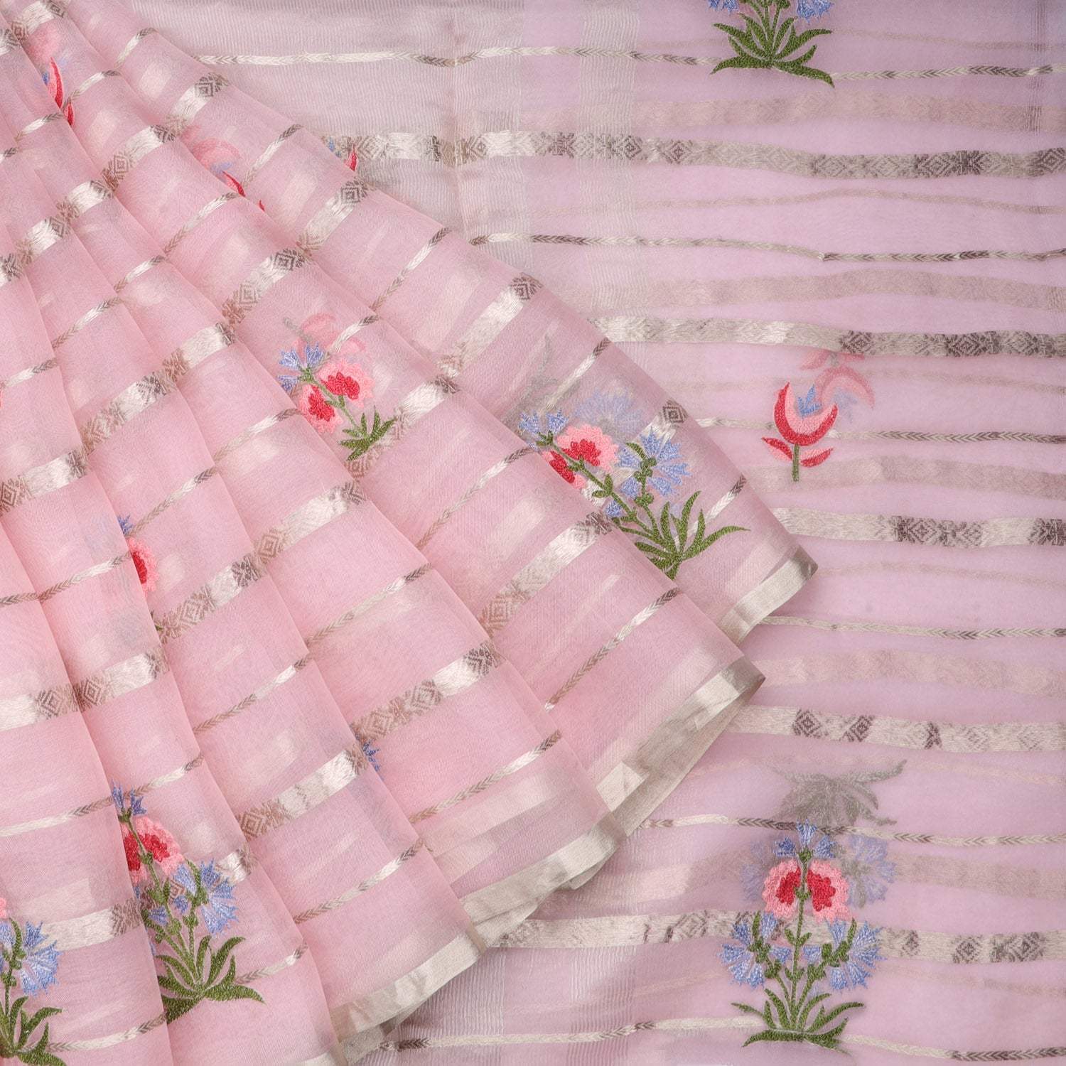 Baby Pink Organza Saree With Floral Embroidery - Singhania's