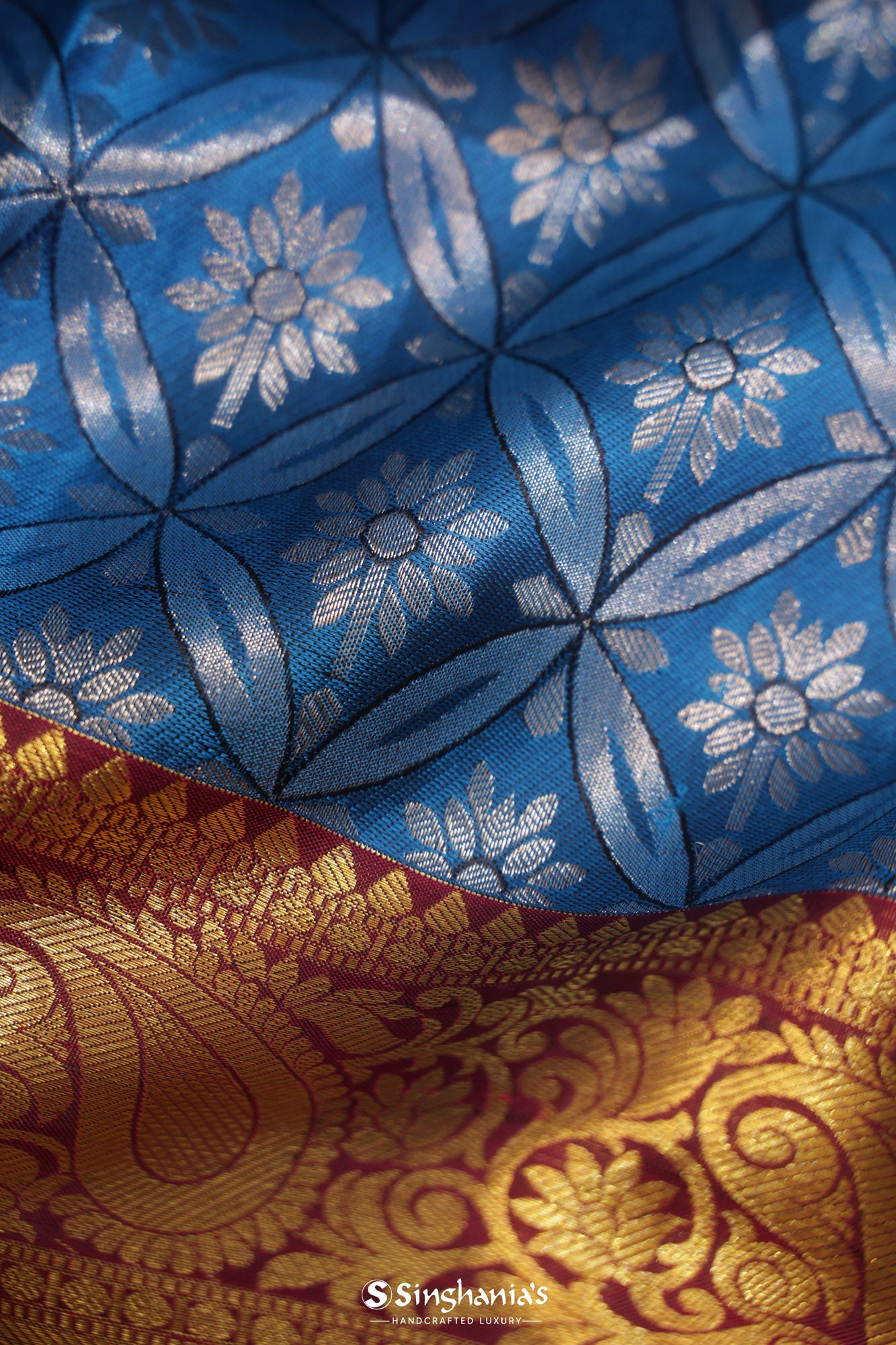 Imperial Blue Kanjivaram Silk Saree With Floral Jaal Design