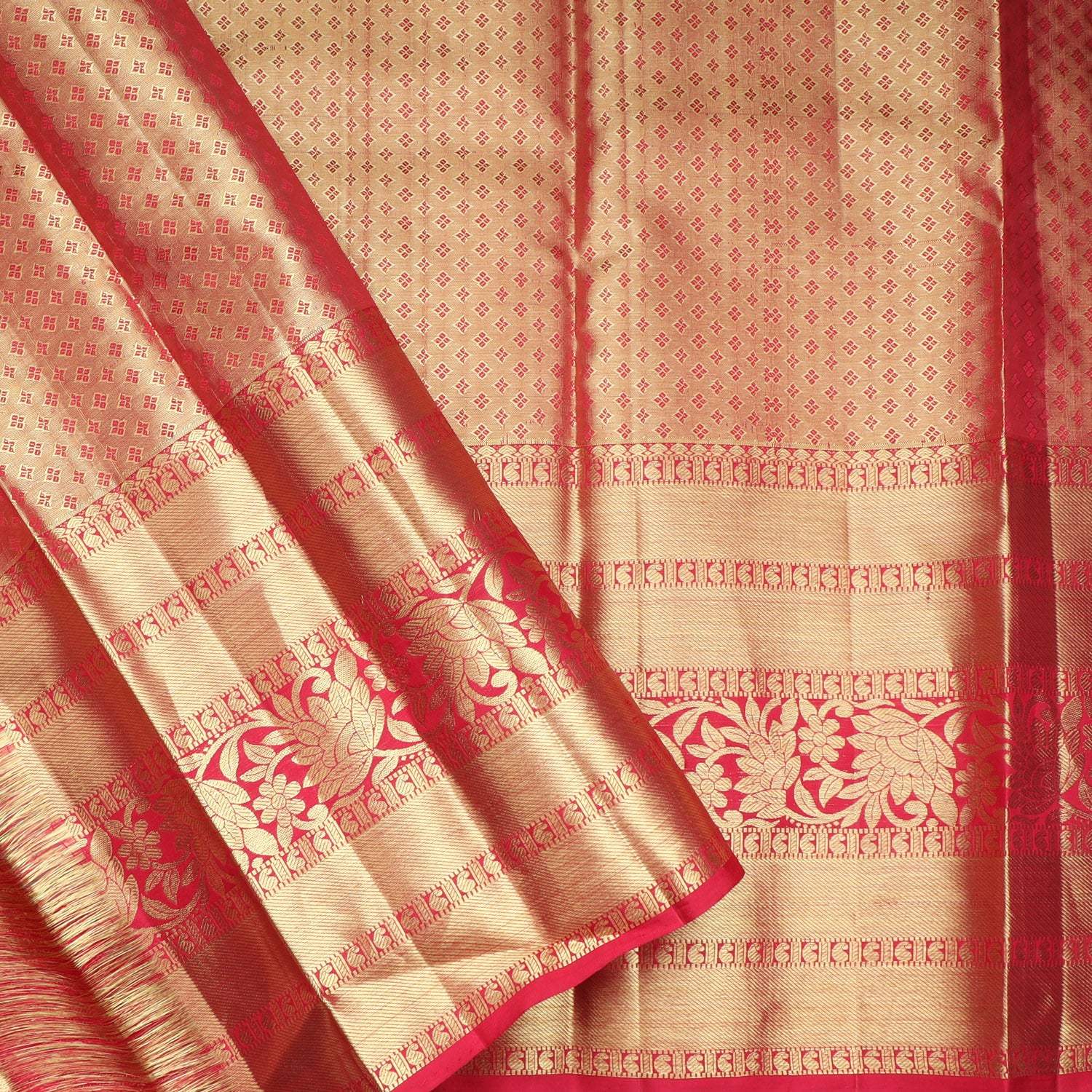 White Kanjivaram Silk Saree With Floral Jaal Pattern - Singhania's