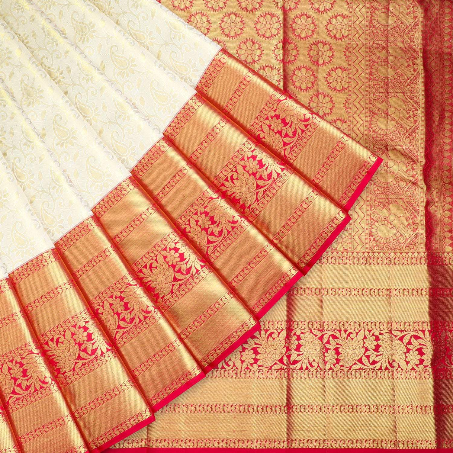 White Kanjivaram Silk Saree With Floral Jaal Pattern - Singhania's
