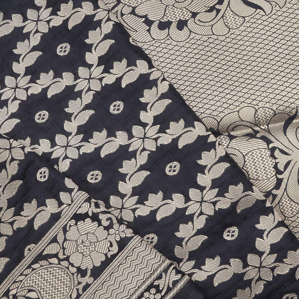 Coal Black Silk Saree With Floral Motif Pattern - Singhania's