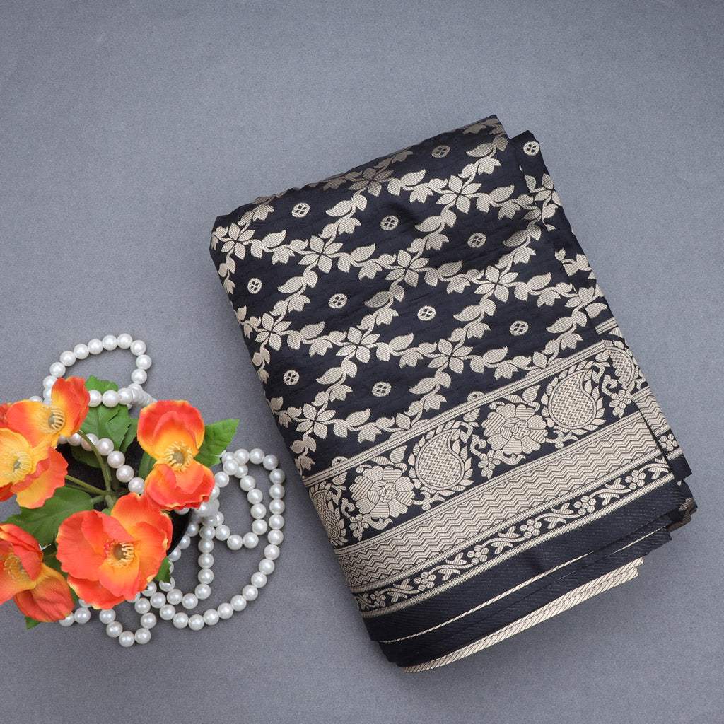 Coal Black Silk Saree With Floral Motif Pattern - Singhania's