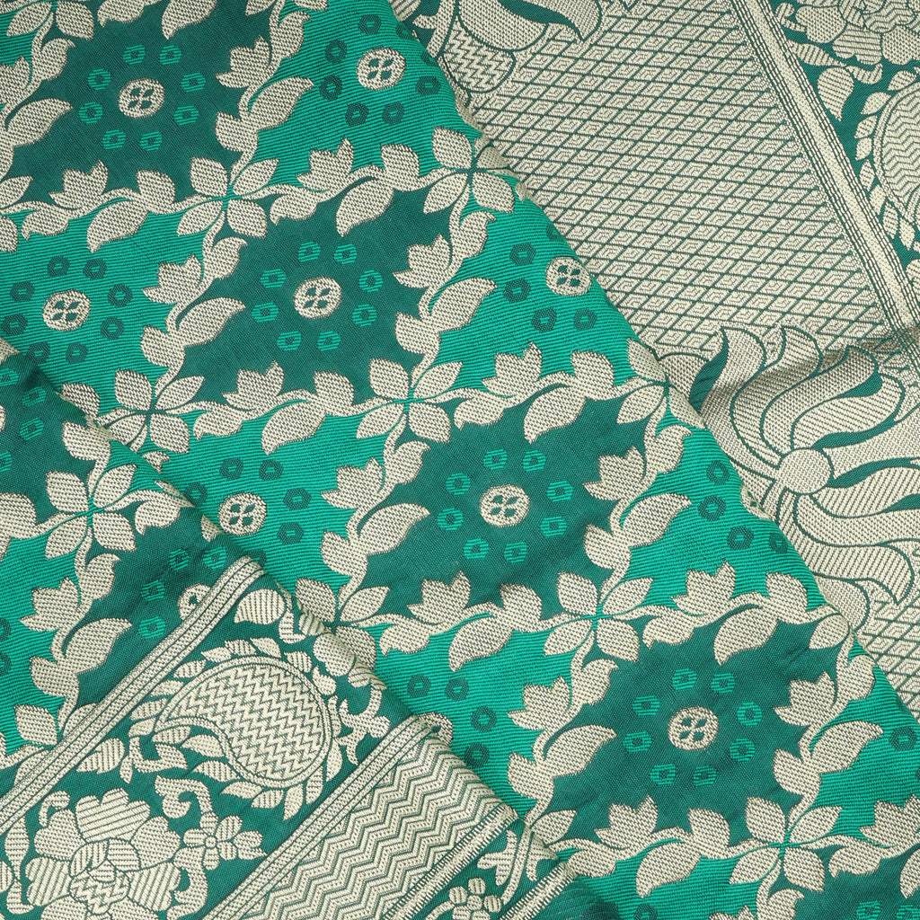 Seafoam Green Silk Saree With Floral Motif Pattern - Singhania's