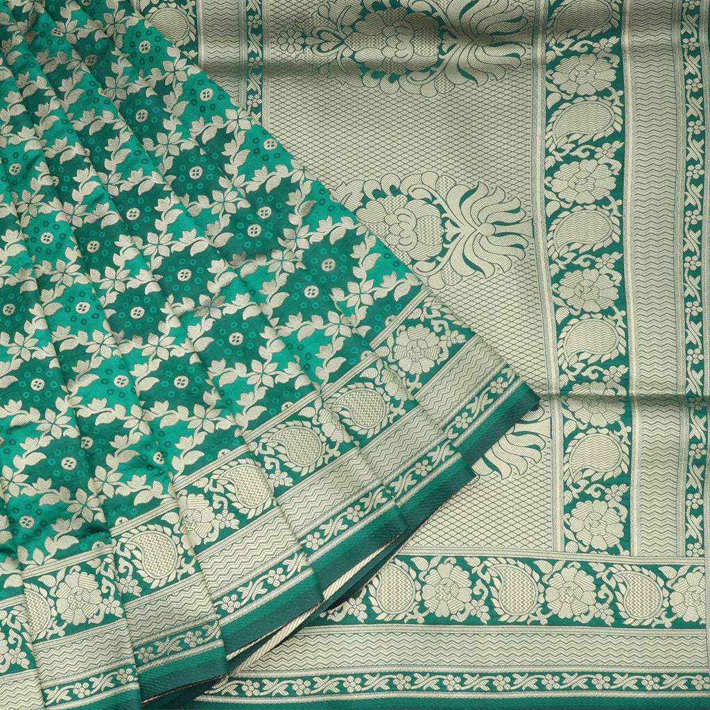 Seafoam Green Silk Saree With Floral Motif Pattern - Singhania's