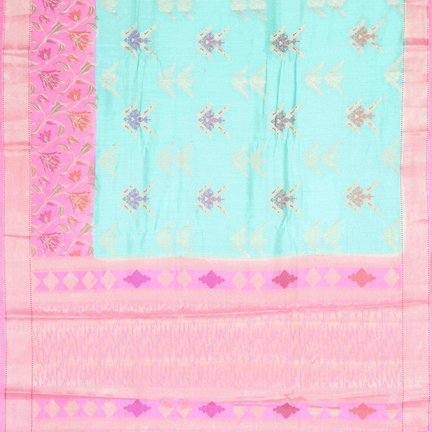 Celeste Blue Banarasi Silk Saree With Floral Motifs - Singhania's