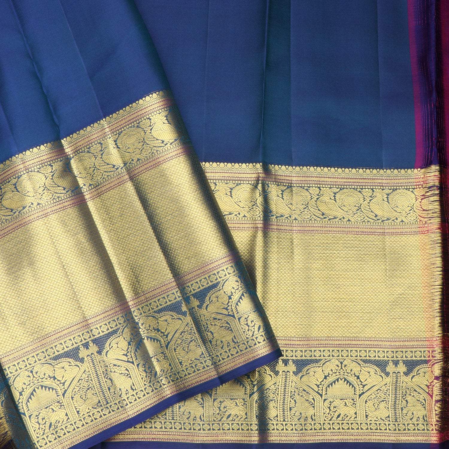 Sapphire Blue Kanjivaram Silk Saree With Floral Chakra Motifs - Singhania's