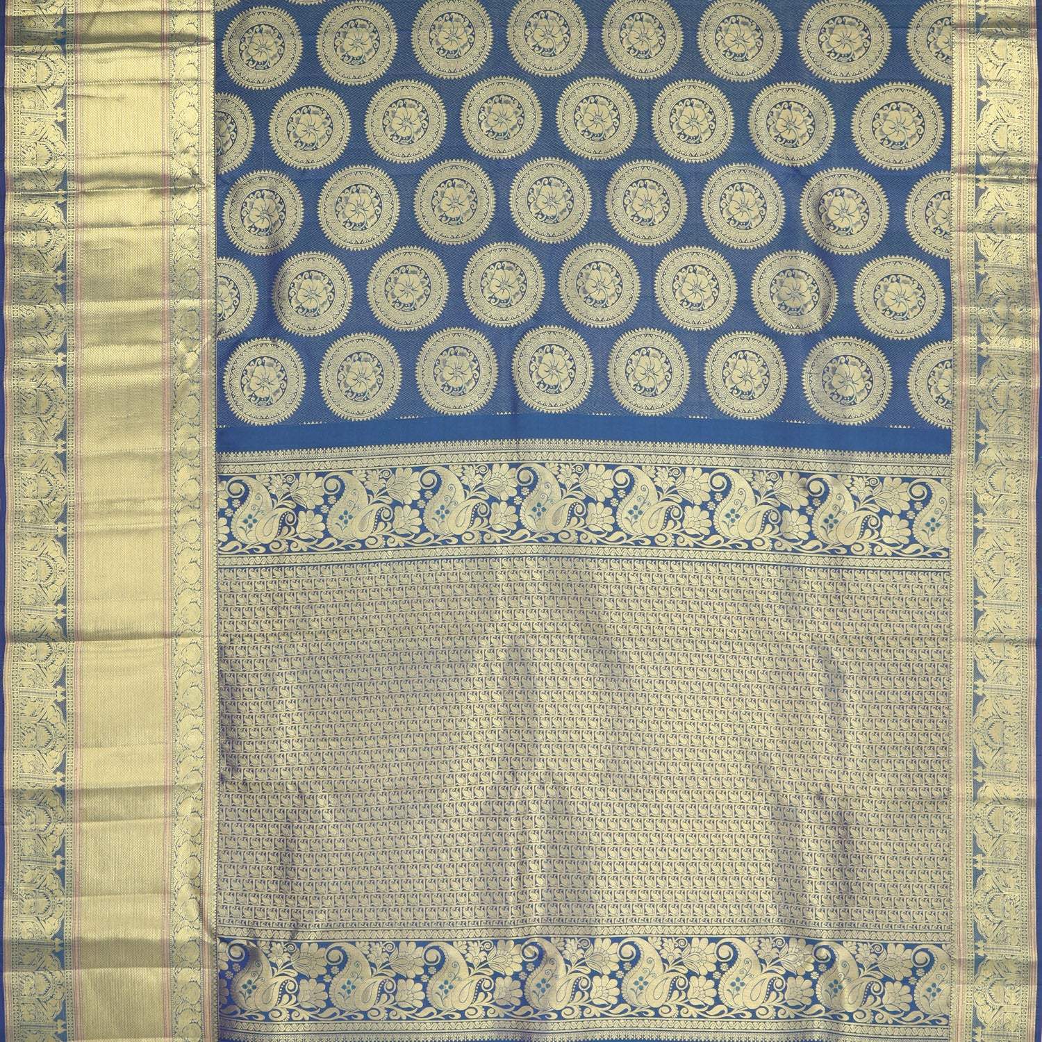 Sapphire Blue Kanjivaram Silk Saree With Floral Chakra Motifs - Singhania's