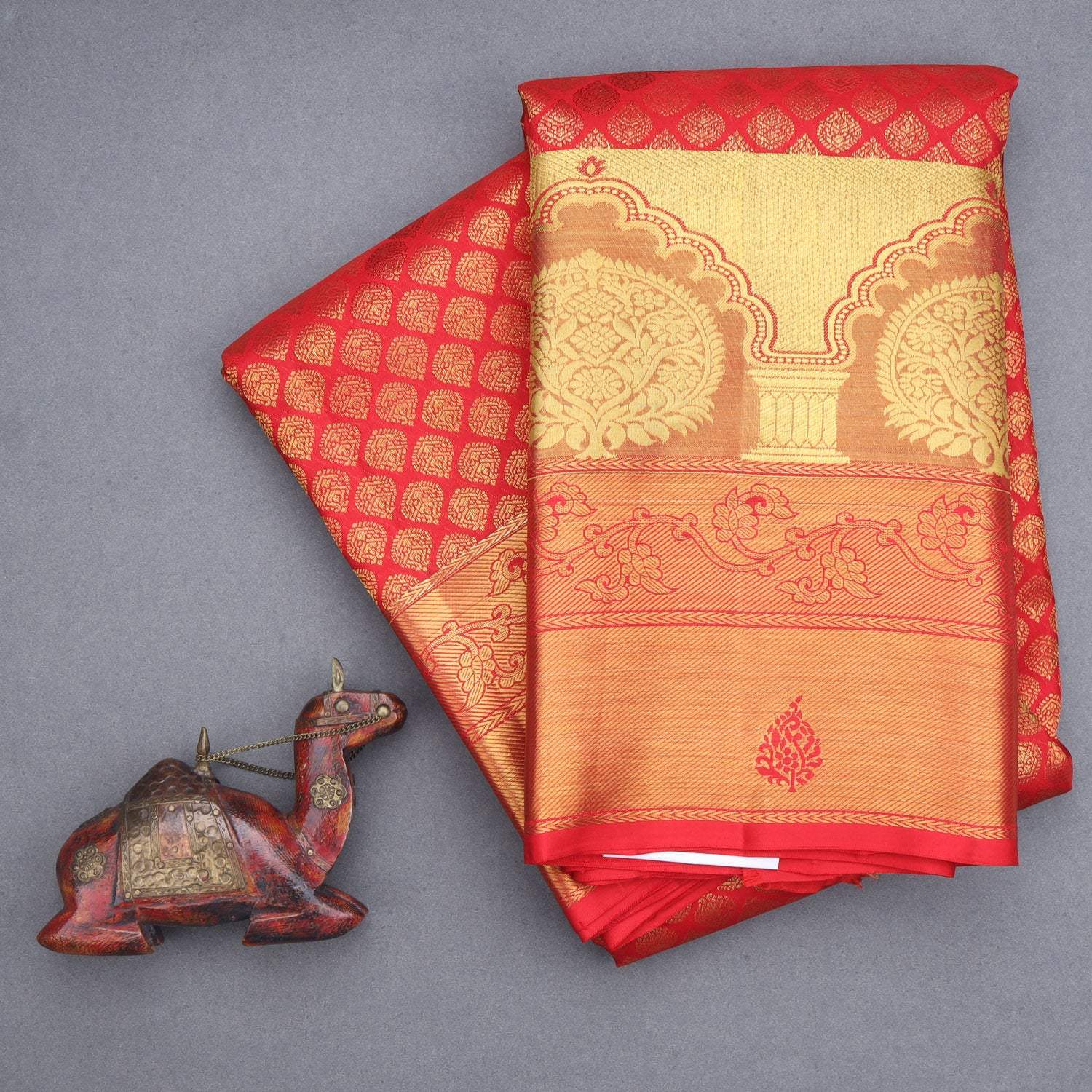 Red Kanjivaram Silk Saree With Floral Buttis - Singhania's