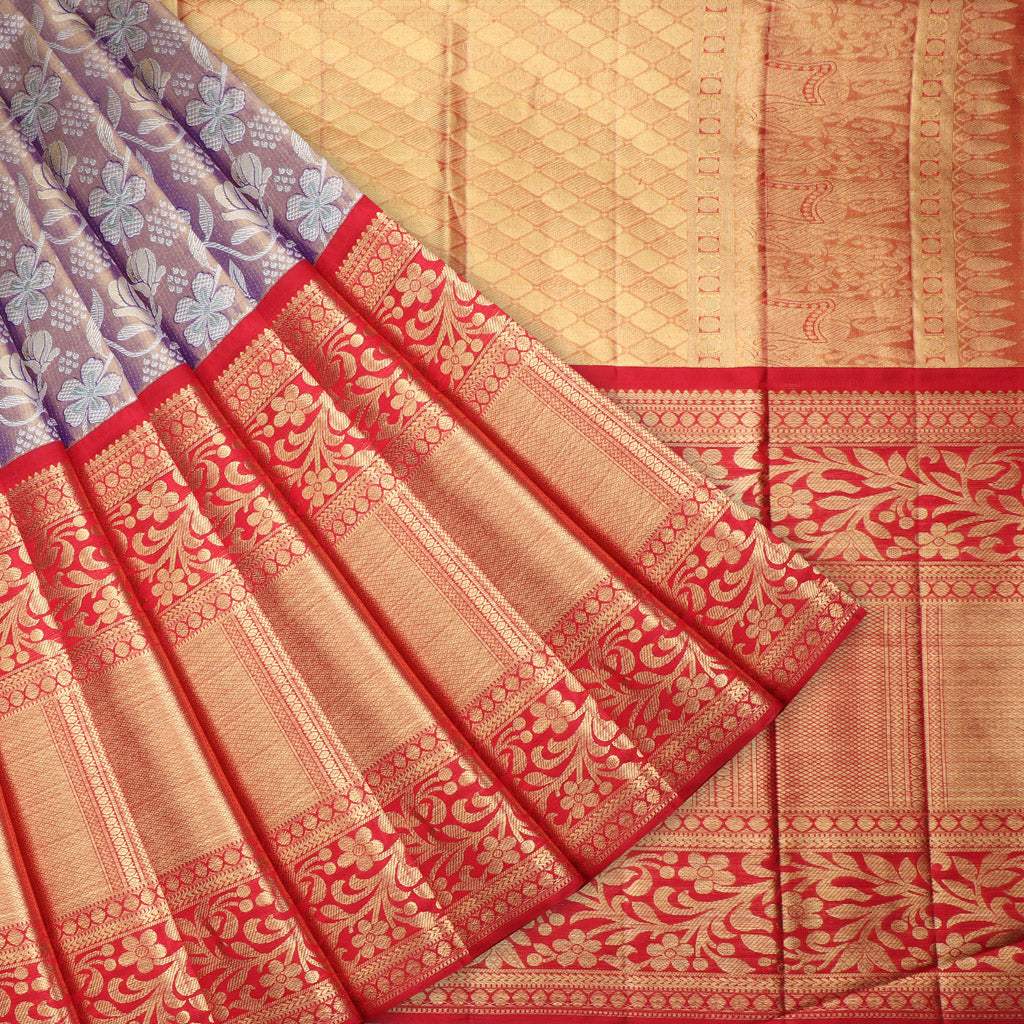 Violet Tissue Kanjivaram Silk Saree With Floral Pattern - Singhania's
