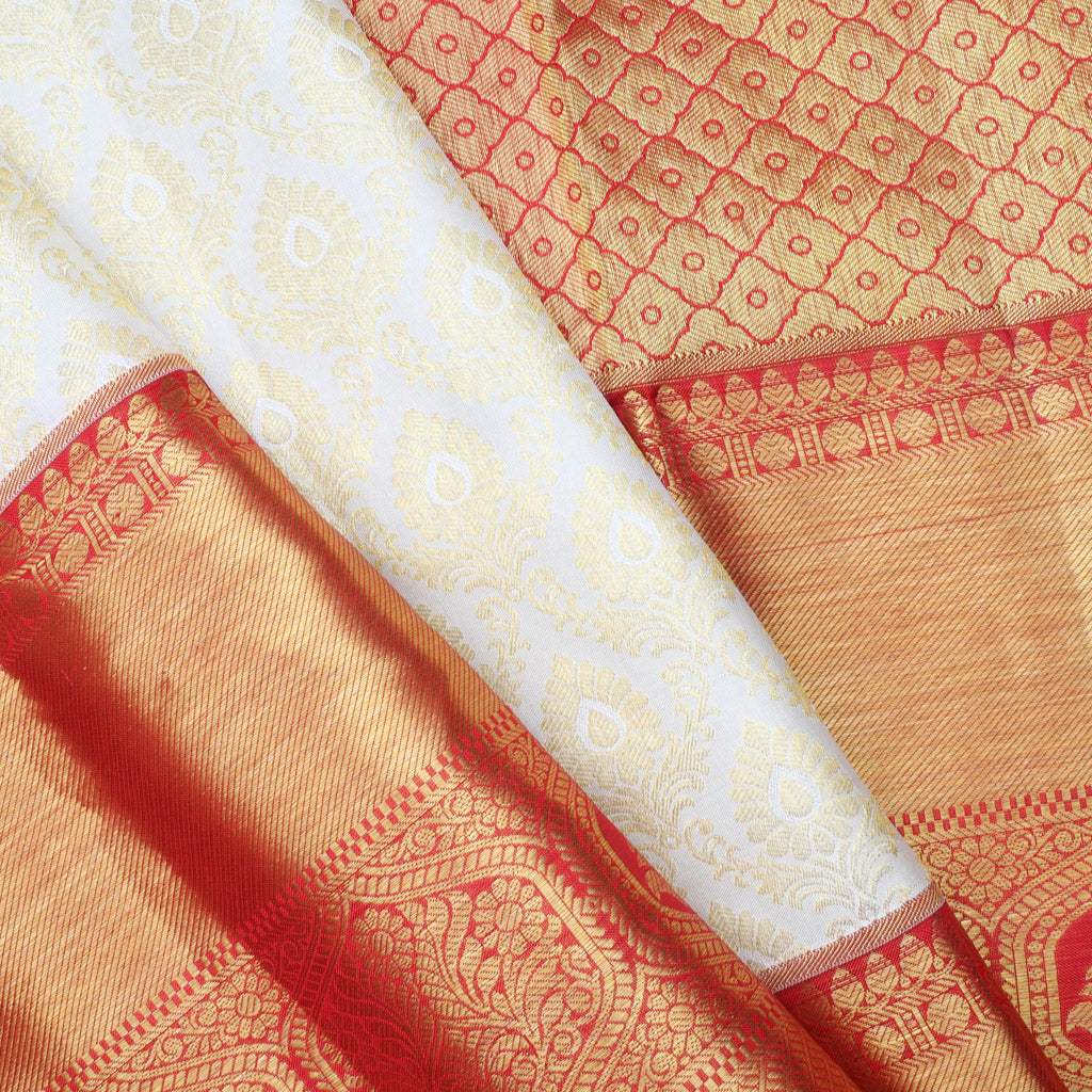White Kanjivaram Silk Saree With Floral Jaal Design - Singhania's