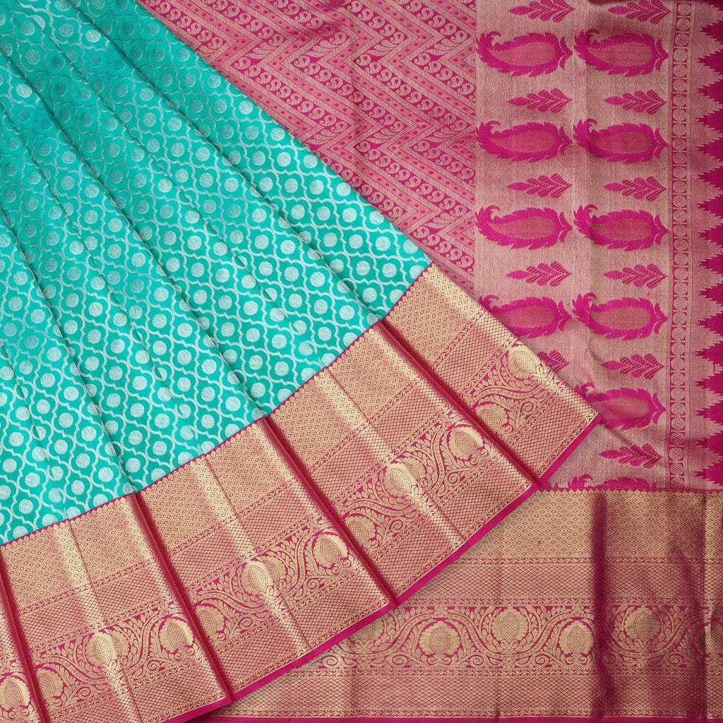 Turquoise Blue Kanjivaram Silk Saree With Floral Pattern - Singhania's