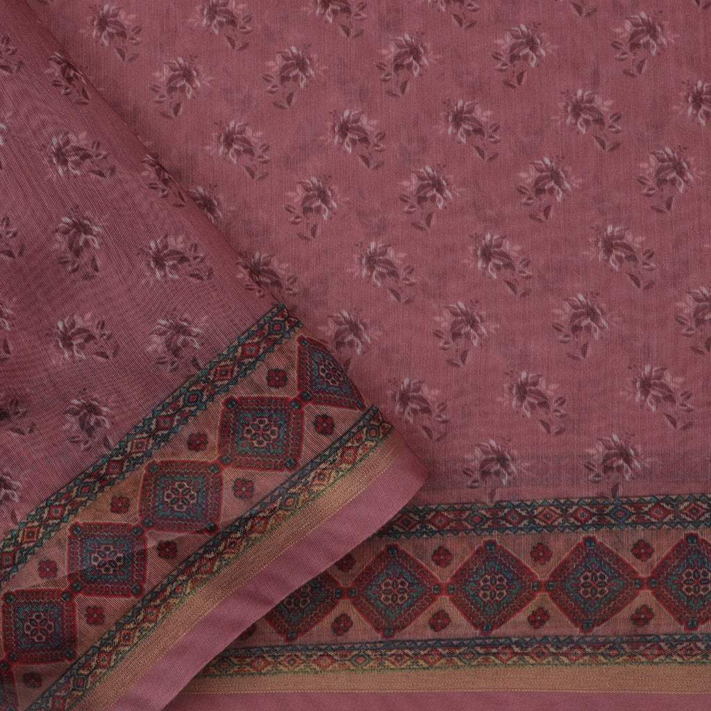 Dusky Pink Printed Chanderi Saree With Floral Embroidery - Singhania's