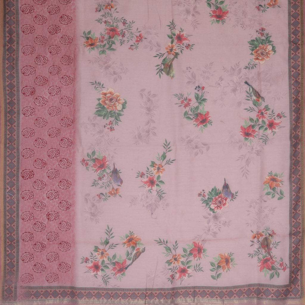 Dusky Pink Printed Chanderi Saree With Floral Embroidery - Singhania's