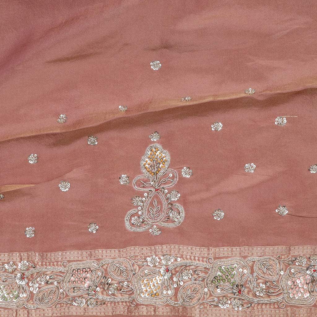 Dusty Peach Tissue Saree With Floral Embroidery - Singhania's