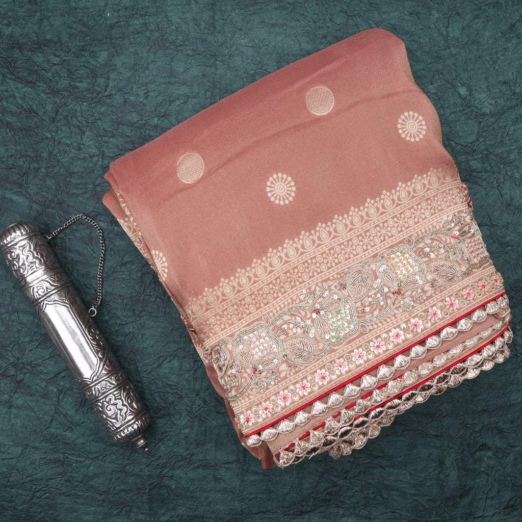 Dusty Peach Tissue Saree With Floral Embroidery - Singhania's