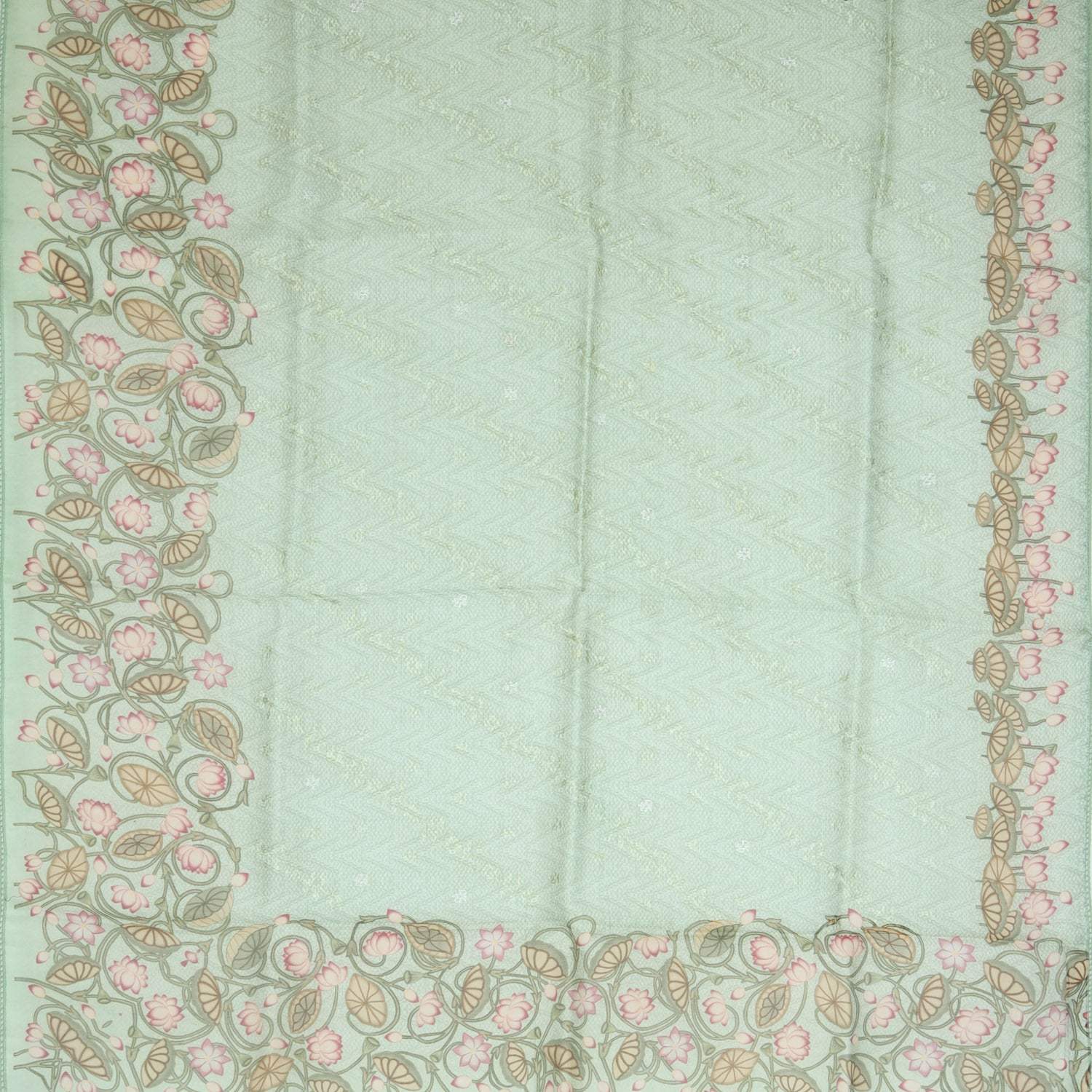 Light Sage Green Pichwai Printed Organza Saree With Floral Embroidery - Singhania's