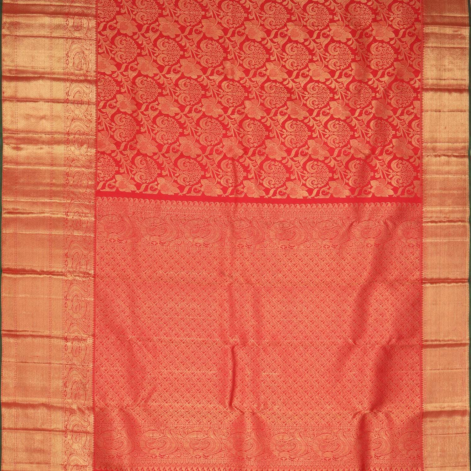 Bright Red Kanjivaram Silk Saree With Floral Motif Pattern - Singhania's
