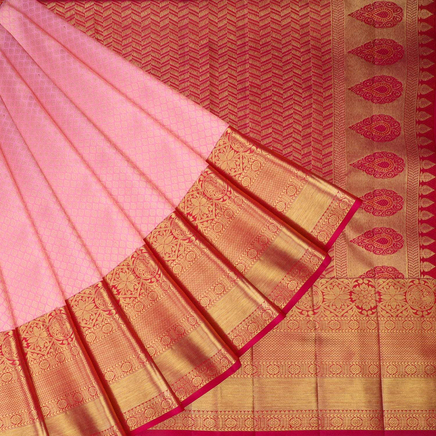 Pastel Pink Kanjivaram Silk Saree With Floral Buttis - Singhania's