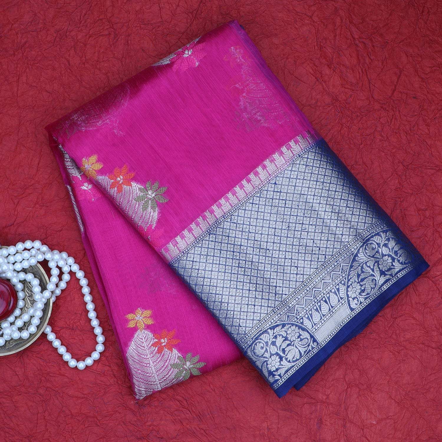 Bright Pink Matka Silk Saree With Leaf Motifs - Singhania's