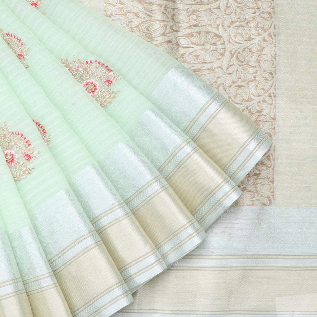 Pastel Green Organza Saree With Embroidery - Singhania's