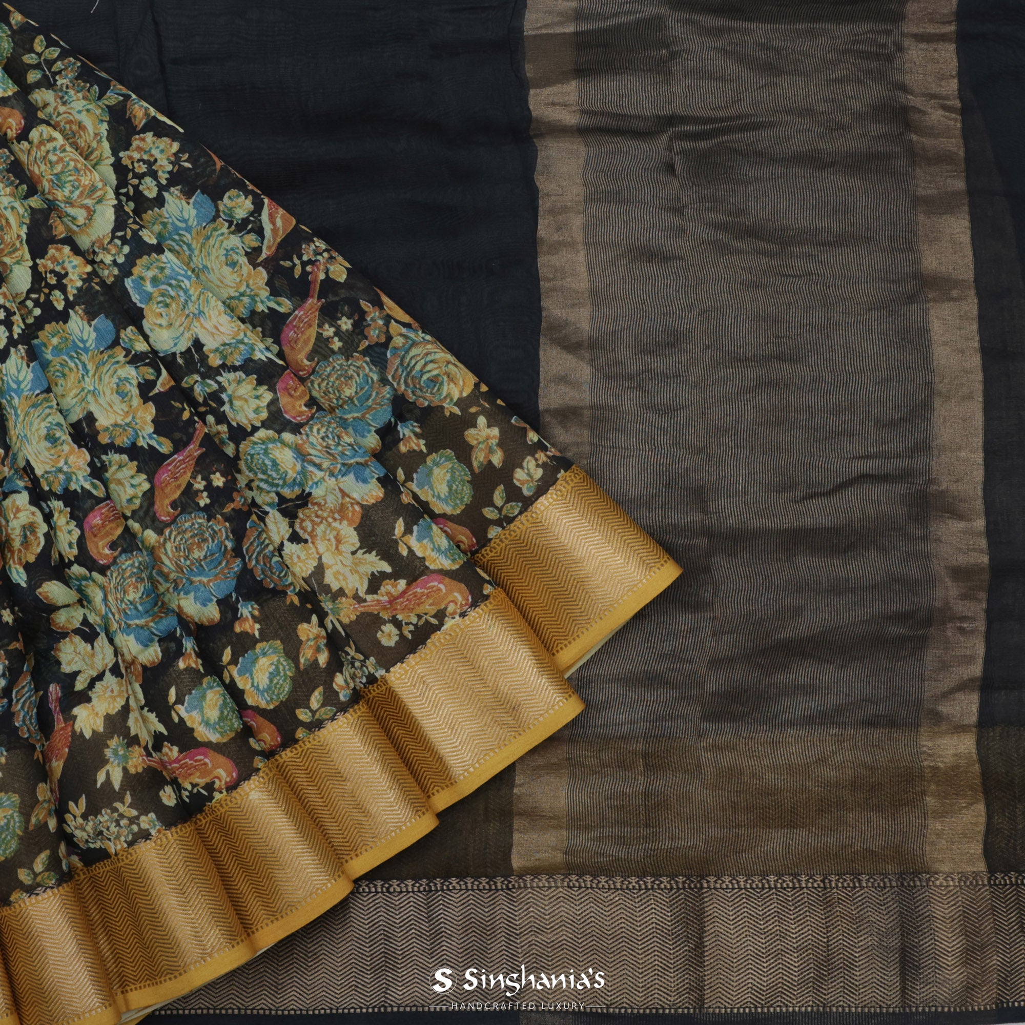 Ink Black Printed Chanderi Silk Saree With Floral Bird Pattern