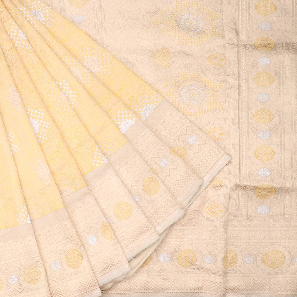 Pastel Yellow Banarasi Silk Saree With Floral Motifs - Singhania's