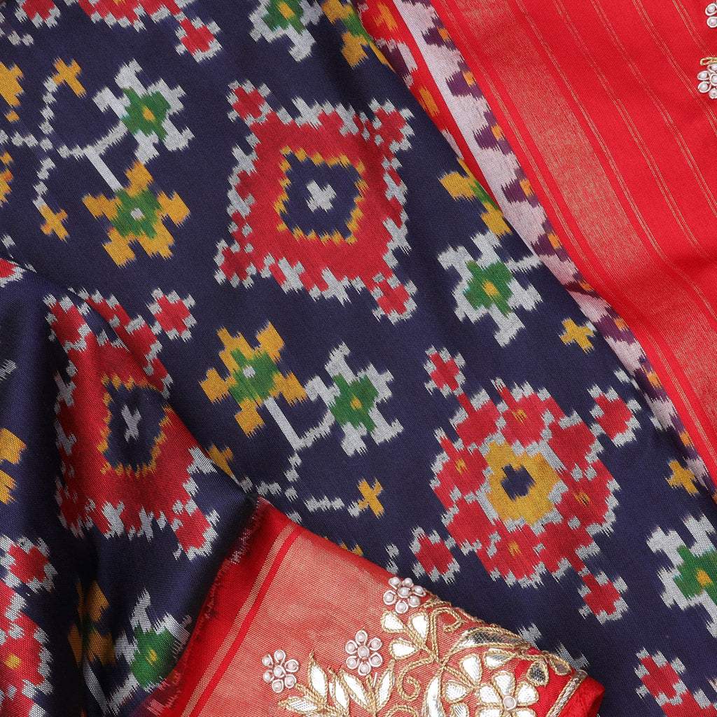 Midnight Blue Patola Silk Saree With Gota Patti Embroidery - Singhania's