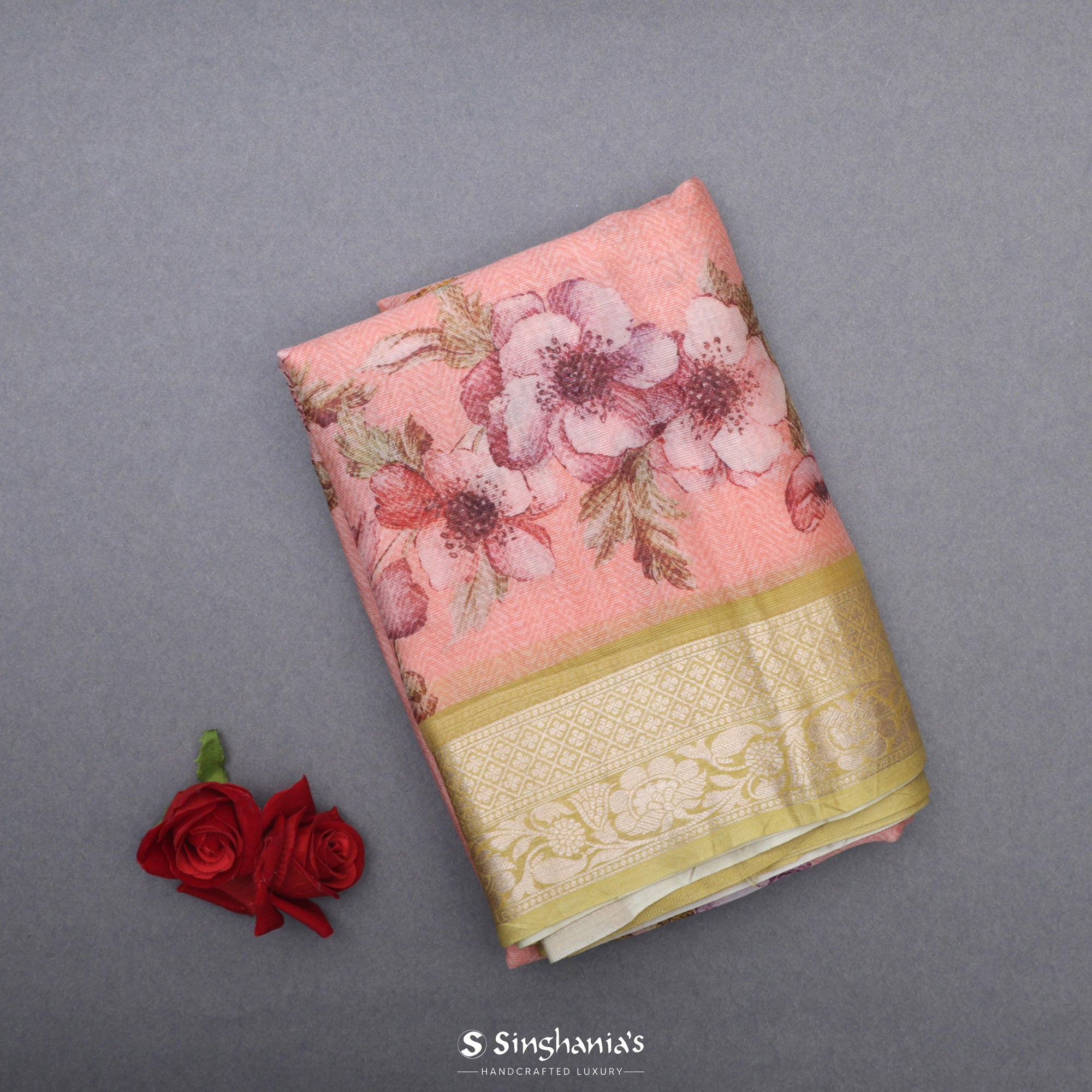 Coral Pink Printed Maheshwari Silk Saree With Floral Jaal Design